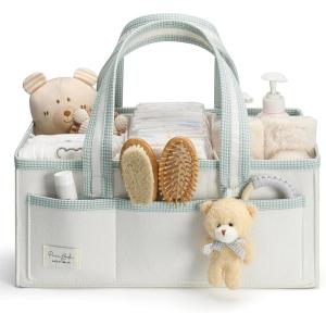 imagePeraBella XL Diaper Caddy Organizer With Handle Baby Shower Gifts Basket Bag Registry Search Must Haves Items Newborn Girl Boy Nursery Storage Organizer Baby Bag Essentials Car Diaper Caddy CartIvory Green