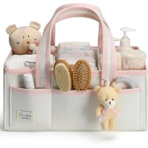 imagePeraBella XL Diaper Caddy Organizer With Handle Baby Shower Gifts Basket Bag Registry Search Must Haves Items Newborn Girl Boy Nursery Storage Organizer Baby Bag Essentials Car Diaper Caddy CartIvory Pink
