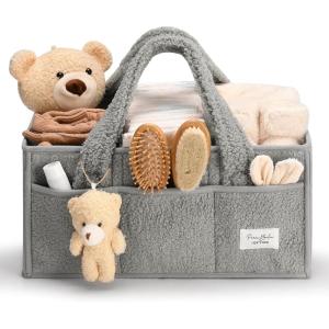 imagePeraBella Baby Diaper Caddy Organizer with Handle Boy ampamp Girl Shower Gift Basket Portable Diaper Storage Basket Bin for Wipes Newborn Baby Essentials Registry Search Must Haves Car Caddy OrganizerGray
