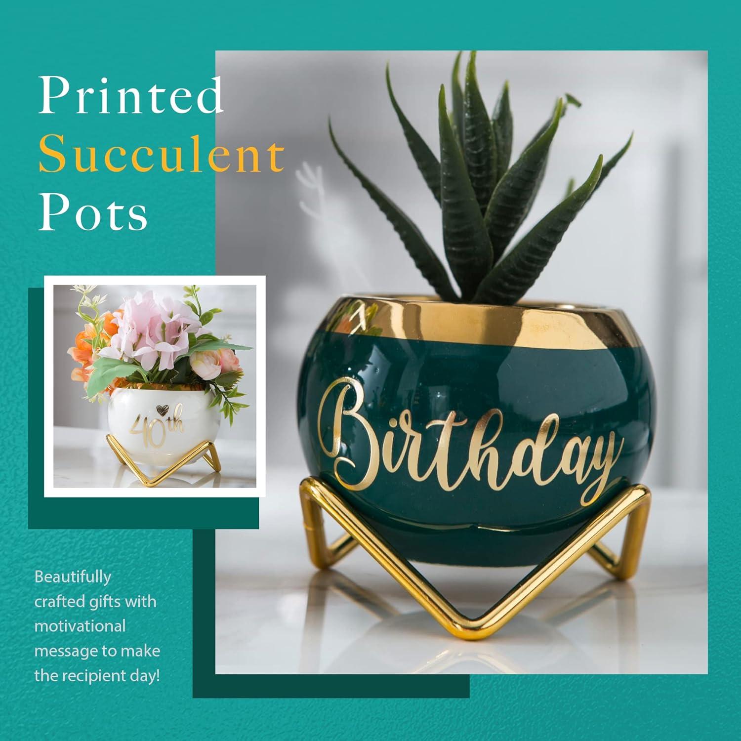 imagePeraBella 40th Birthday Succulent Planter Gift Set Minimalist Style Ceramic Pots with Happy 40th Birthday Print Versatile Decor for Indoor or Outdoor Use