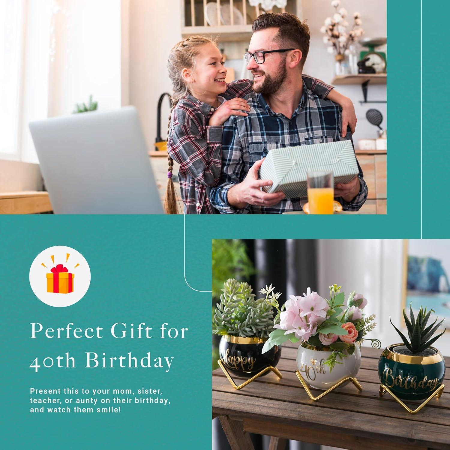 imagePeraBella 40th Birthday Succulent Planter Gift Set Minimalist Style Ceramic Pots with Happy 40th Birthday Print Versatile Decor for Indoor or Outdoor Use