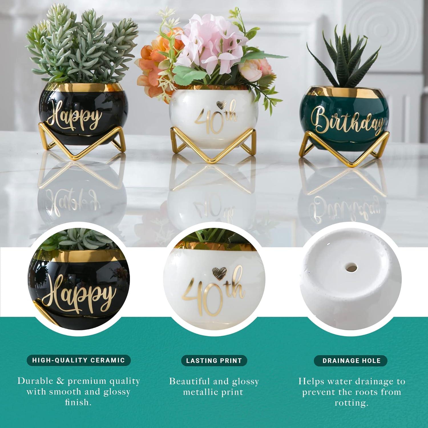 imagePeraBella 40th Birthday Succulent Planter Gift Set Minimalist Style Ceramic Pots with Happy 40th Birthday Print Versatile Decor for Indoor or Outdoor Use