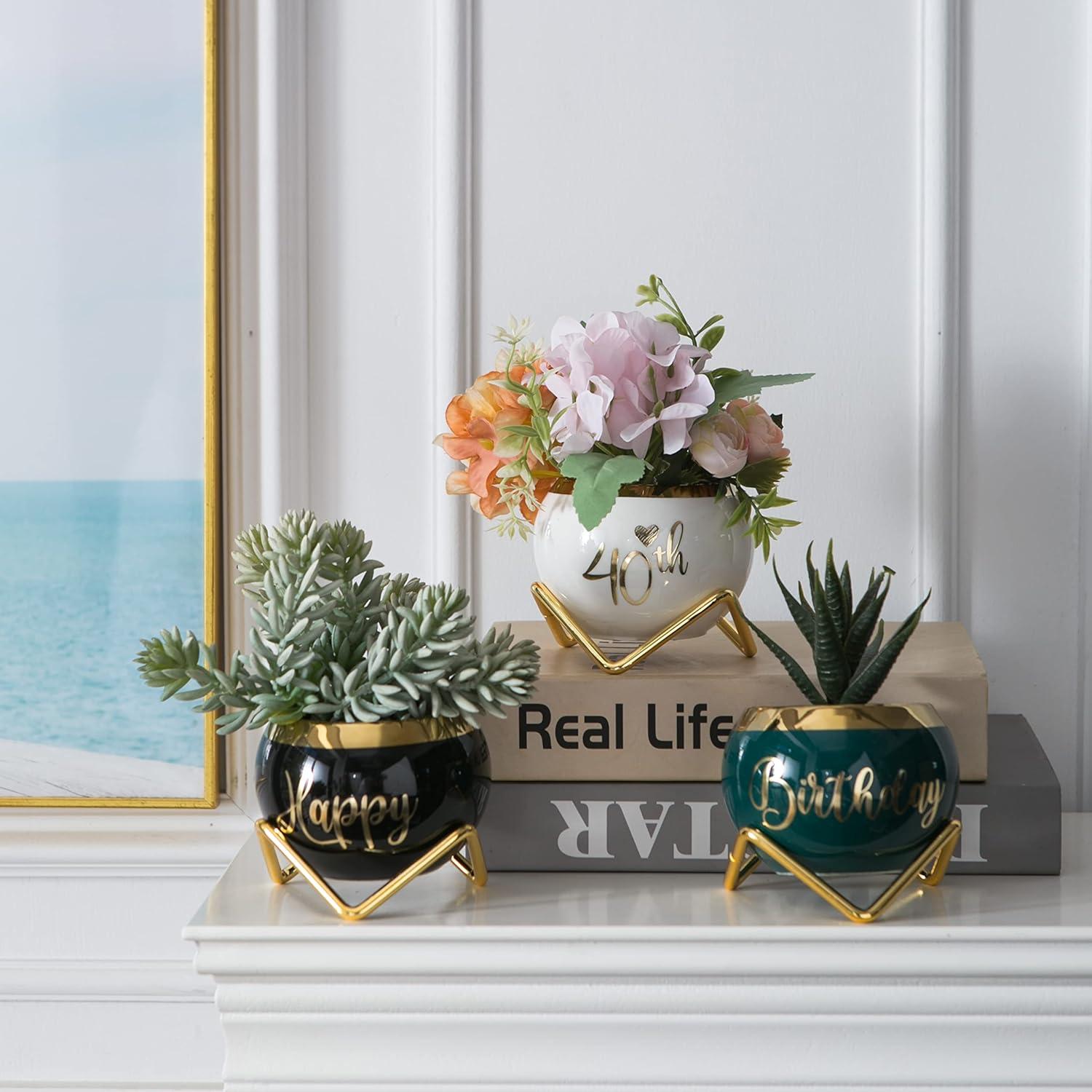 imagePeraBella 40th Birthday Succulent Planter Gift Set Minimalist Style Ceramic Pots with Happy 40th Birthday Print Versatile Decor for Indoor or Outdoor Use