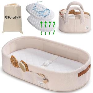 imagePeraBella Baby Changing Basket for Dresser Top Baby Moses Basket for Newborn Portable Diaper Changing Pad Table Topper for Dresser Includes Diaper Caddy Organizer with Handle Moses Bassinet Mat  Plush Exterior Breathable Pad Waterproof Layer Stable Design