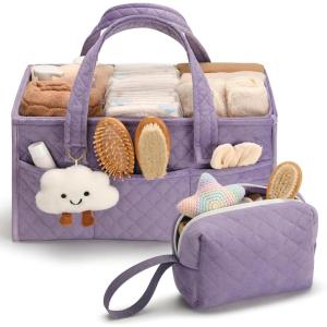 imagePeraBella Baby Diaper Caddy Organizer Baby Basket Shower Gift Portable Changing Table Basket Postpartum Caddy amp Tote Bag Pouch Newborn Boy amp Girl Nursery Essentials Registry Car Diaper OrganizerLavender
