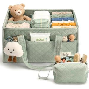imagePeraBella Baby Diaper Caddy Organizer Baby Basket Shower Gift Portable Changing Table Basket Postpartum Caddy amp Tote Bag Pouch Newborn Boy amp Girl Nursery Essentials Registry Car Diaper OrganizerSage Green